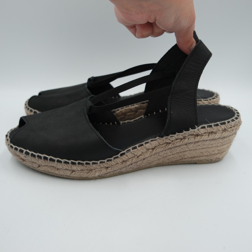 Andre Assous Black Leather Espadrille Wedge Sandals Peep Toe Made in Spain 8